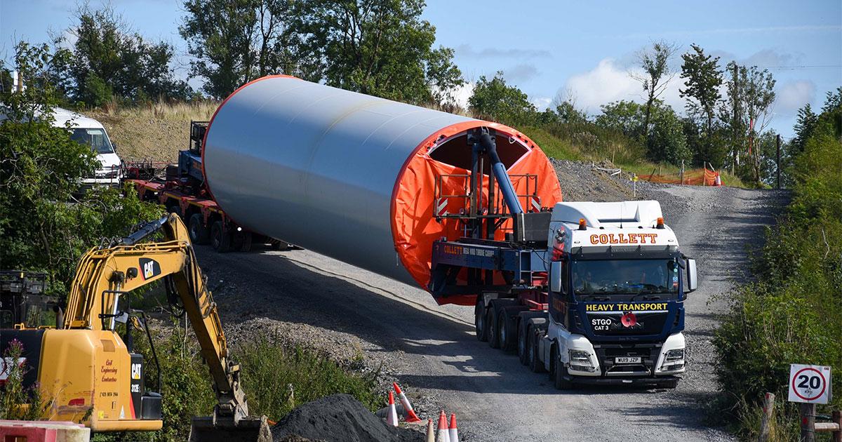 Drumlins Wind Turbine Tower being delivered by Collett Transport