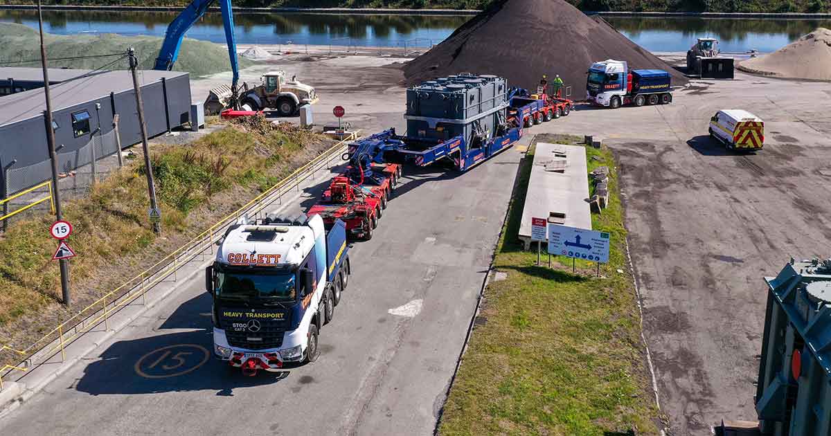 Collett 150 Tonne girder frame trailer loaded and departing Ellesmere Port for transformer delivery