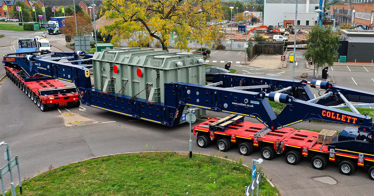Greiner Bridge Deployed 01 Collett 350T Greiner modular girder bridge in 30-axle configuration deployed for GE heavy transformer transport