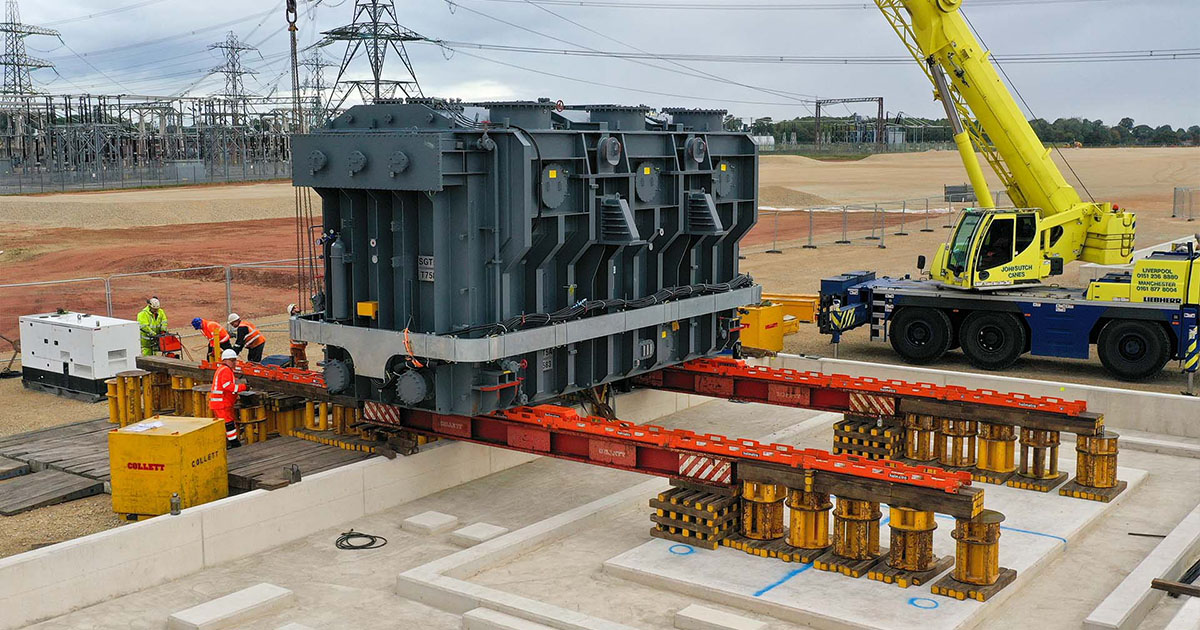 Yorkshire Green O2 “Large Super Grid Transformer being installed at Overton Substation using jacking and skidding equipment