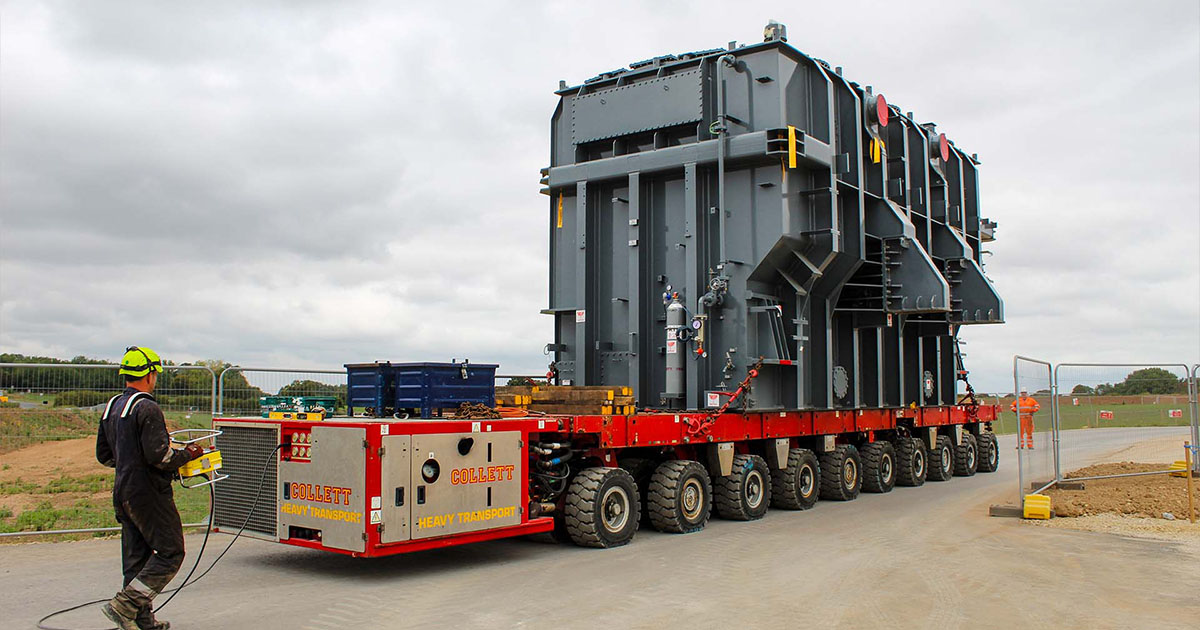 Yorkshire Green O3 10 axle SPMT transporting large transformer for Yorkshire Green Project