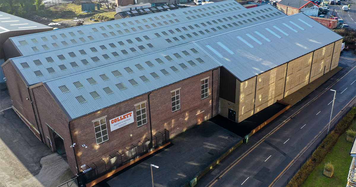 Elland depot heavy lift warehouse extension, aerial view showing new 650 sq/m addition